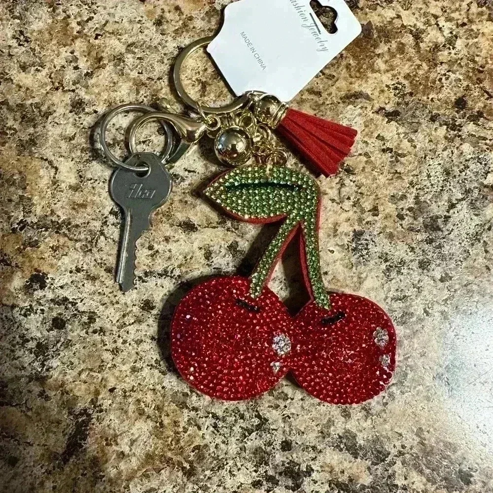 NWT Red Cherry Bag Charm or Keychain Ring Stainless Steel Flat Gem Cherries…